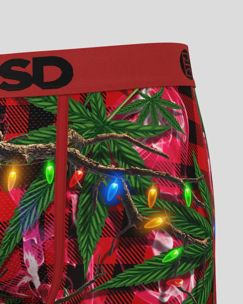 Red boxer briefs with Christmas tree branch and multicolored light bulb print, black waistband with partial branding visible.