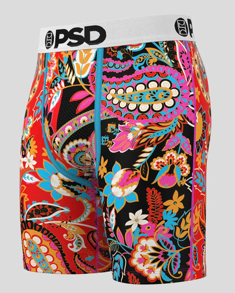PSD brand underwear with multicolored paisley and floral pattern in pink, blue, orange, and black.