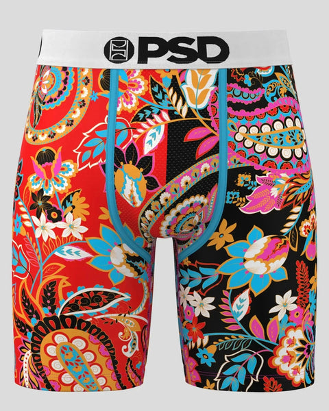 PSD branded boxer briefs with colorful paisley and floral patterns in red, black, blue, yellow, and pink.