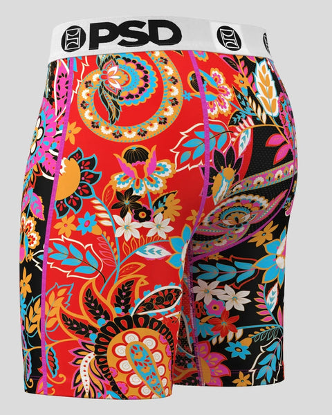 PSD men's boxer briefs with colorful paisley and floral pattern in red, black, and multi-colors, white waistband.