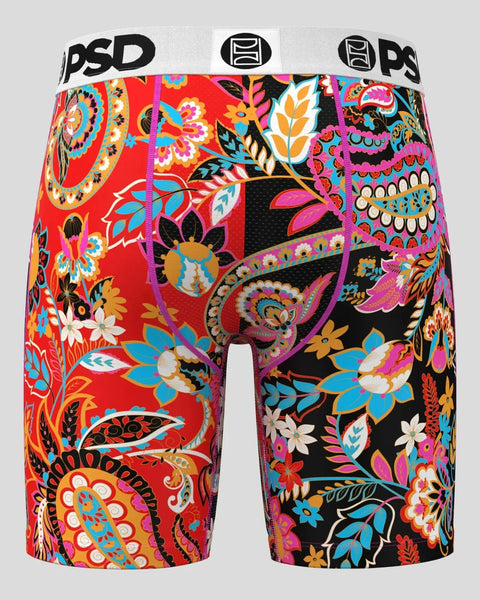PSD boxer briefs with colorful paisley and floral pattern in red, black, pink, blue, and gold with white waistband.