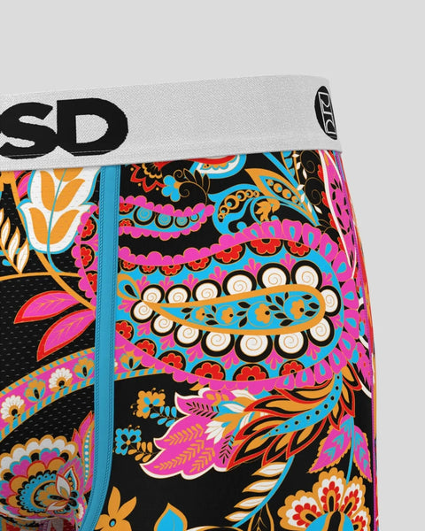 Colorful paisley patterned shorts with bright pink, blue, orange, and yellow designs on black background, white waistband wit