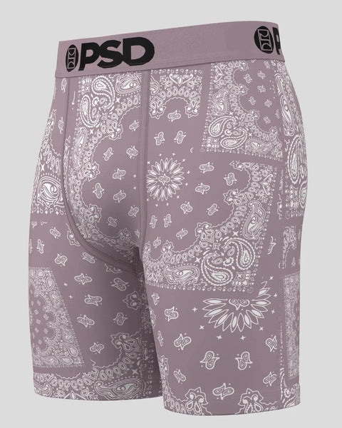 Mauve bandana-print boxer shorts with white paisley and celestial motifs, PSD waistband.