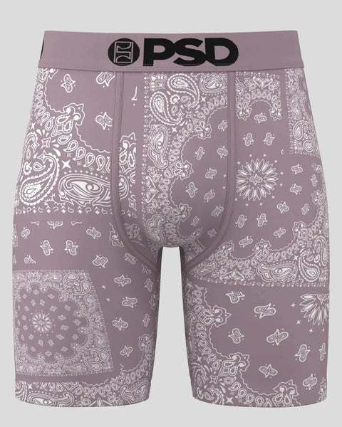 Mauve bandana-print boxer briefs with PSD waistband and white geometric patterns throughout.
