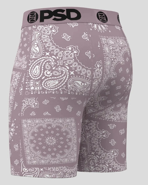Mauve bandana with white paisley and geometric patterns, PSD waistband visible on shorts back view.