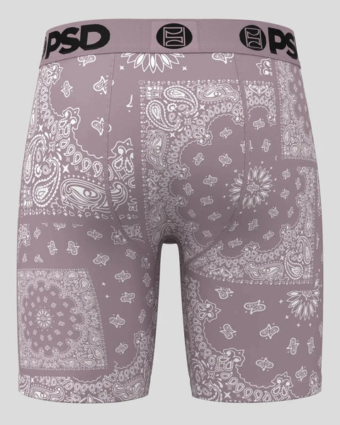 Mauve boxer shorts with white bandana and paisley pattern print throughout, PSD waistband visible.