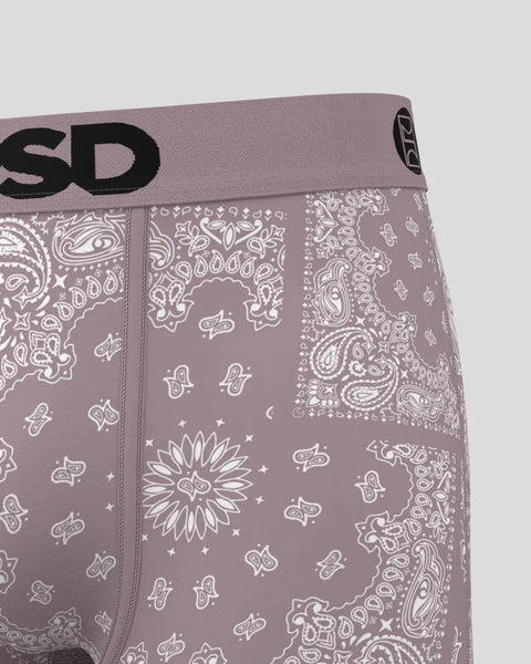 Mauve bandana with white paisley and geometric patterns, elastic waistband with black branding.