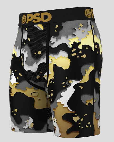 PSD men's boxer briefs with desert camo pattern in black, gray, white, and yellow with mesh side panels.