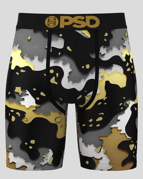 PSD brand boxer briefs with black, gray, white, and gold desert camouflage pattern and mesh center panel.