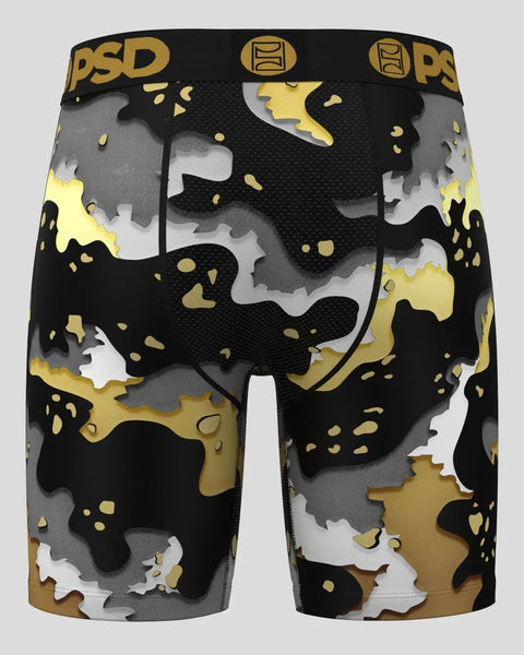 Men's shorts with black, gold, gray, and white abstract camouflage pattern and PSD waistband.