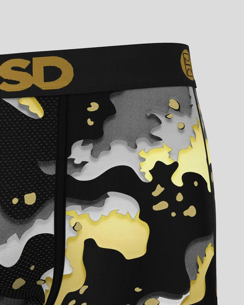 Black, gray, and yellow camouflage patterned underwear with mesh paneling and gold brand logo waistband.