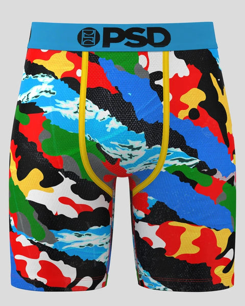 PSD boxer briefs with blue waistband and multicolored abstract camouflage pattern in red, black, yellow, green, and blue.