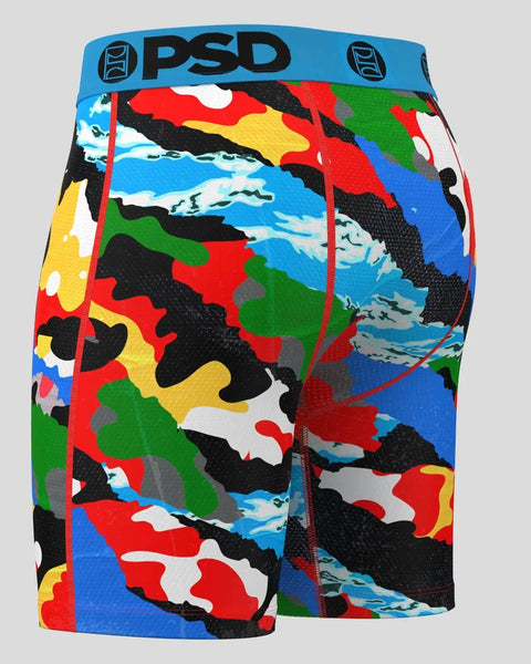 PSD boxer briefs with blue waistband and multi-colored abstract camouflage pattern in red, yellow, black, green, and blue.