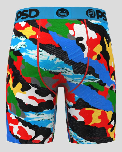 PSD boxer briefs with blue waistband and multicolored abstract camo pattern in red, blue, green, yellow, black and white.