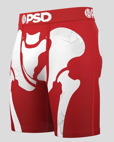 Red and white PSD boxer briefs with large graphic print and cracked texture design.