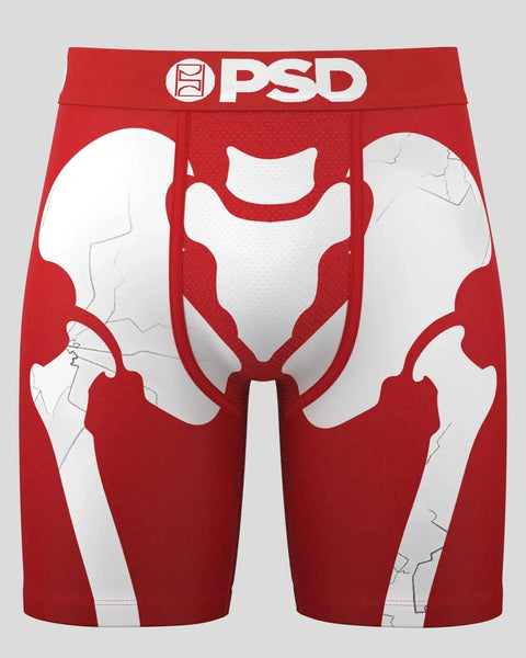 Red PSD boxer briefs with white anatomical skeleton print and branded waistband.