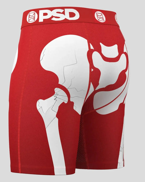 Red PSD boxer briefs with white waistband logo and anatomical graphic on back.