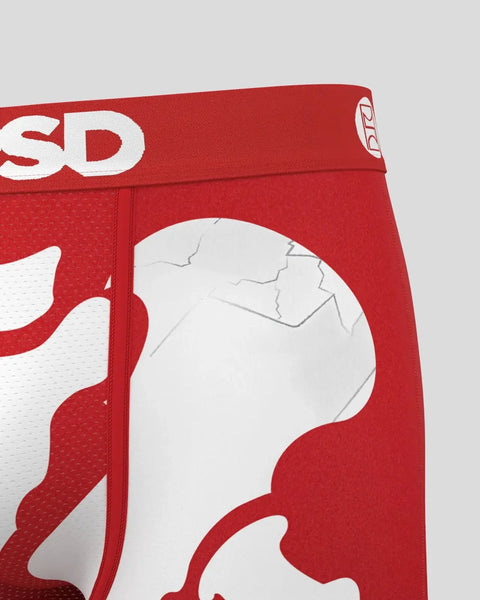 Red briefs with white logo text and graphic design on waistband and leg.