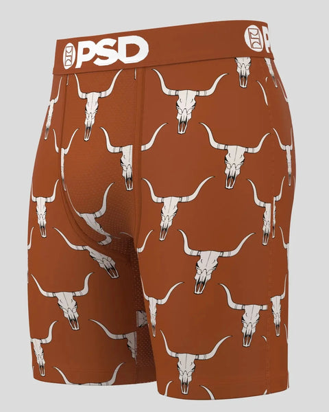 Rust-colored boxer briefs with white bull skull and horn pattern, PSD branded waistband.
