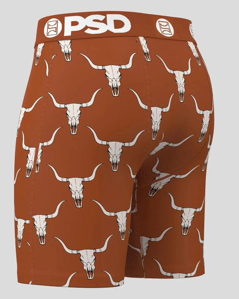 Brown shorts with white bull skull and horns allover print and PSD waistband.