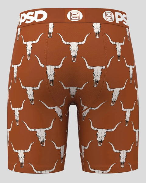 Brown boxer shorts with white repeating longhorn skull print and PSD waistband.
