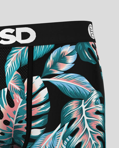 Black waistband with brand text above tropical leaf pattern in teal, pink, and white on black fabric.