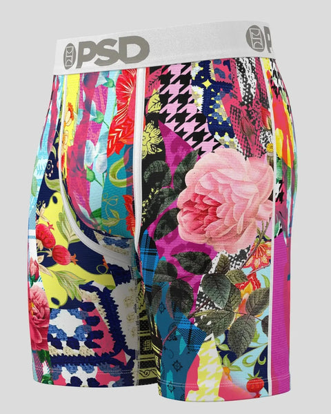PSD brand boxer briefs with colorful mixed patchwork patterns including florals, houndstooth, and geometric designs.