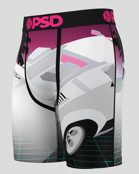 PSD boxer briefs with pink and black waistband featuring illustrated white sports car and palm tree graphics.