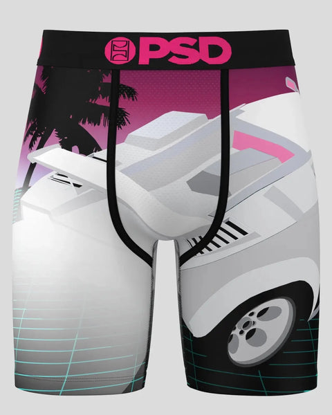 PSD brand shorts with black waistband featuring pink and purple gradient sports car and palm tree graphic design.