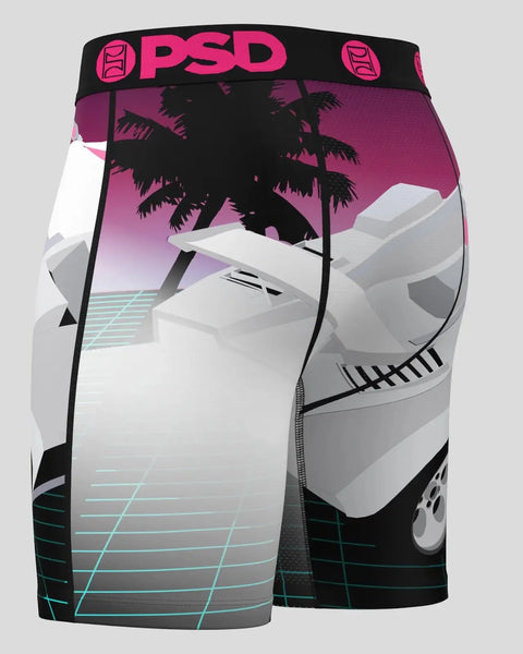 PSD brand boxer briefs with pink and black colorway featuring sports car and palm tree graphic design.
