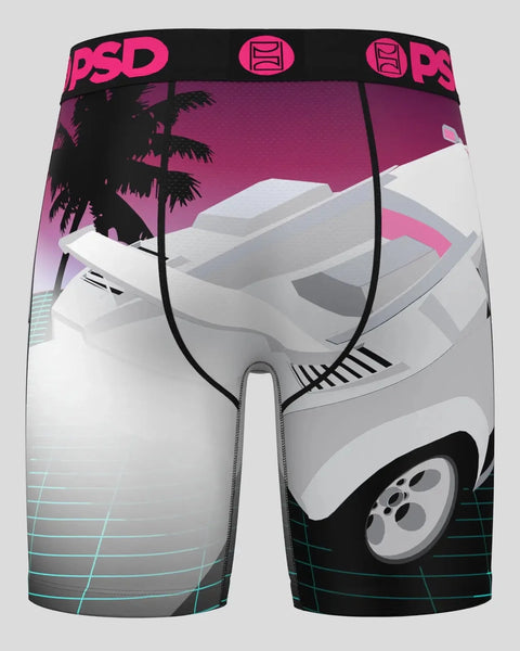 White sports car with pink sunset and palm tree design on PSD brand athletic shorts.