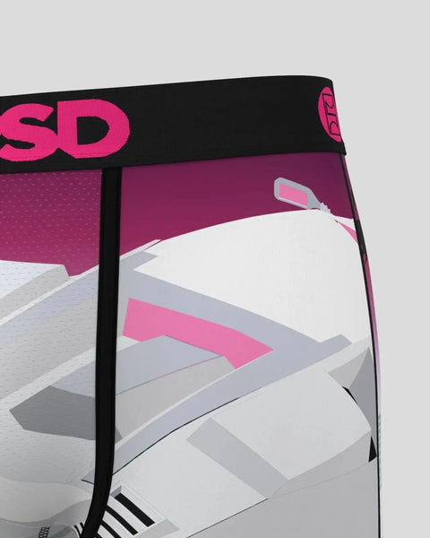 White and pink kitesurfing sail with black waistband and geometric design detail.
