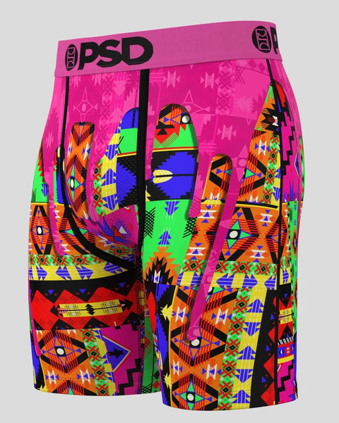 PSD boxer briefs with bright pink waistband and multicolored geometric tribal pattern in blue, green, orange, yellow, and bla