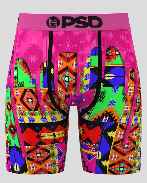 PSD boxer briefs with bright pink waistband and multicolored tribal geometric pattern in green, orange, blue, and yellow.