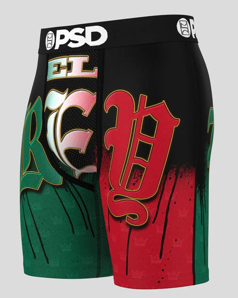 Black PSD boxer briefs with green and red color-blocked design and gold metallic graphic text on front and sides.
