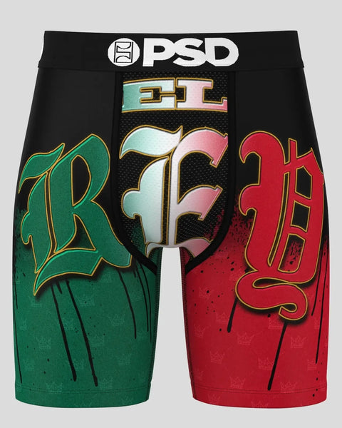 PSD boxer briefs with green and red color-blocked design, gold-outlined 