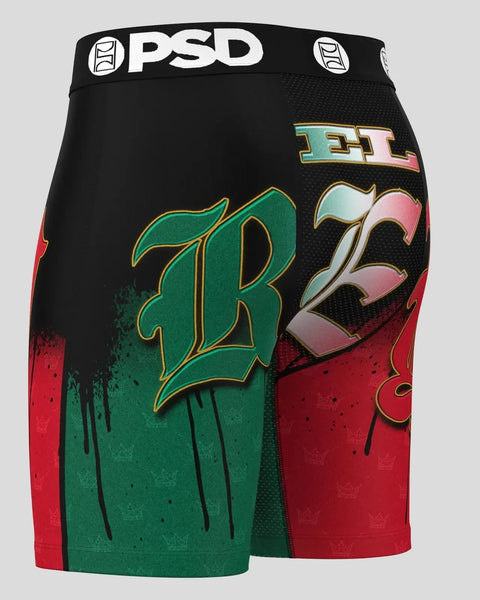 Black PSD boxer briefs with green and red color-blocked design, decorative numbers and text graphics, and black waistband.
