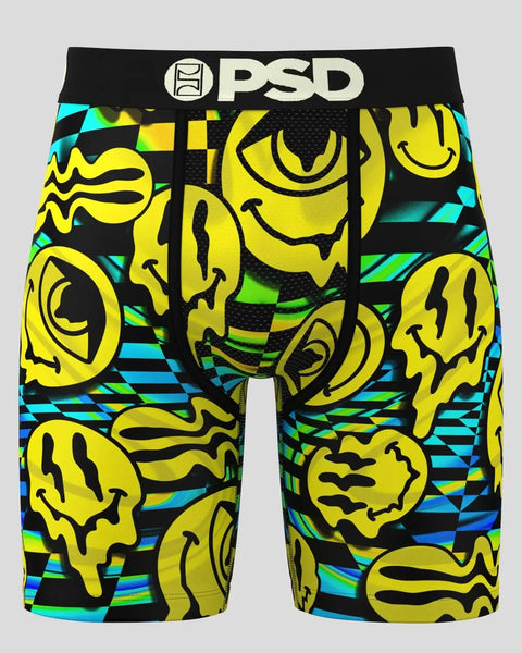 PSD brand boxer briefs with yellow melting face graphics and cyan and lime geometric patterns on black background.