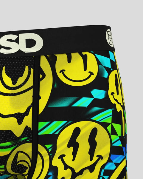 Black and yellow smiley face patterned brief with cyan and green geometric accents and brand logo waistband.