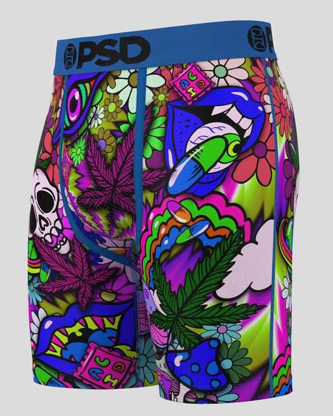 Colorful boxer briefs with blue waistband featuring vibrant psychedelic print including flowers, skulls, and abstract designs