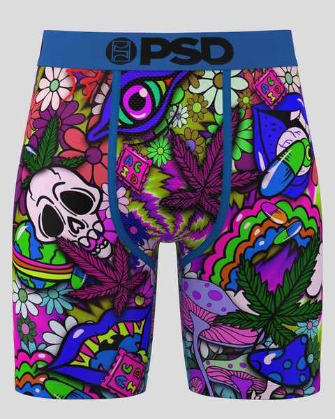 PSD boxer briefs with colorful all-over print featuring skulls, flowers, mushrooms, and cannabis leaves in vibrant neon color