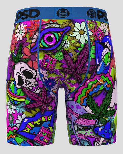 Colorful patterned boxer briefs with blue waistband featuring skull, flowers, cannabis leaves, and psychedelic designs in neo