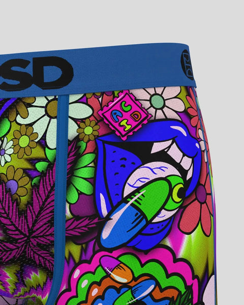 Blue waistband with colorful abstract floral and geometric pattern featuring bright pink, green, blue, and yellow designs.