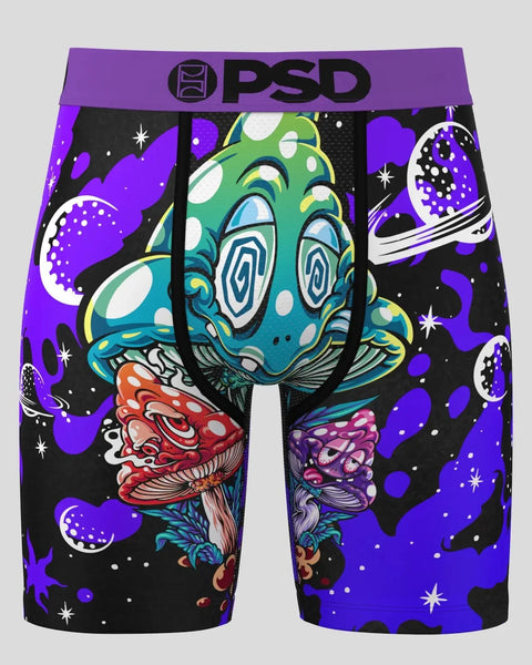 PSD boxer briefs with colorful illustrated mushrooms and cosmic design on black and purple background.