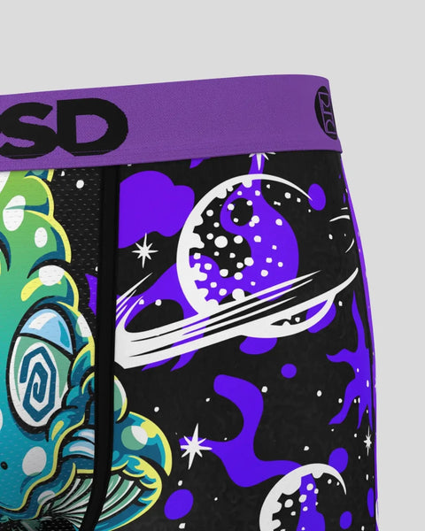 Purple and black waistband with colorful mushroom and planet designs in purple, blue, green, and white.
