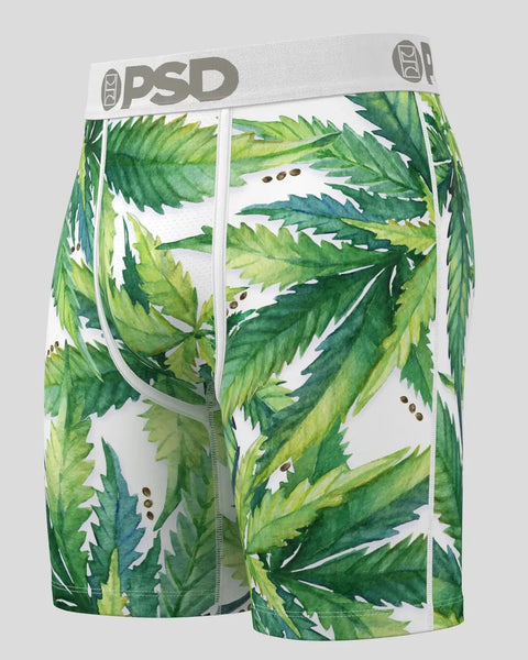 PSD boxer briefs with green leaves and seeds print on white background.