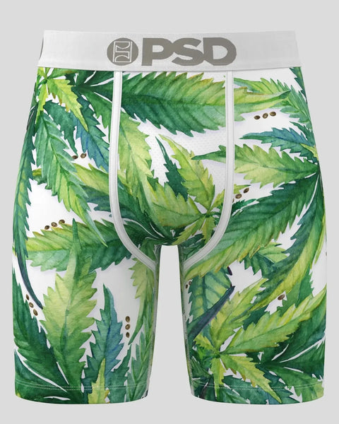 PSD branded boxer shorts with green and white botanical leaf print pattern and gray waistband.
