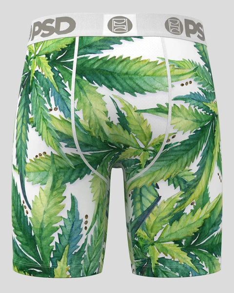 Men's underwear shorts with green and yellow leaf print and white PSD waistband.