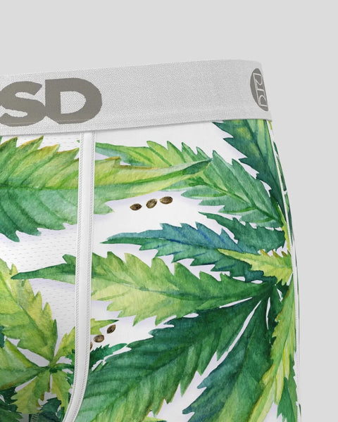 White brief with green leaf print and small brown seeds scattered throughout, gray elastic waistband with 