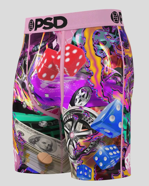 PSD boxer shorts with colorful neon car, dice, and money print on pink waistband.